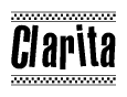 The clipart image displays the text Clarita in a bold, stylized font. It is enclosed in a rectangular border with a checkerboard pattern running below and above the text, similar to a finish line in racing. 