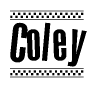 The image contains the text Coley in a bold, stylized font, with a checkered flag pattern bordering the top and bottom of the text.