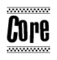 The image is a black and white clipart of the text Core in a bold, italicized font. The text is bordered by a dotted line on the top and bottom, and there are checkered flags positioned at both ends of the text, usually associated with racing or finishing lines.