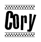 The clipart image displays the text Cory in a bold, stylized font. It is enclosed in a rectangular border with a checkerboard pattern running below and above the text, similar to a finish line in racing. 