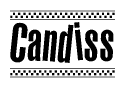 The image is a black and white clipart of the text Candiss in a bold, italicized font. The text is bordered by a dotted line on the top and bottom, and there are checkered flags positioned at both ends of the text, usually associated with racing or finishing lines.