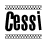 The image contains the text Cessi in a bold, stylized font, with a checkered flag pattern bordering the top and bottom of the text.
