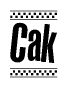 The image is a black and white clipart of the text Cak in a bold, italicized font. The text is bordered by a dotted line on the top and bottom, and there are checkered flags positioned at both ends of the text, usually associated with racing or finishing lines.