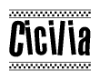 The clipart image displays the text Cicilia in a bold, stylized font. It is enclosed in a rectangular border with a checkerboard pattern running below and above the text, similar to a finish line in racing. 