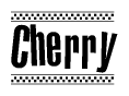 The image is a black and white clipart of the text Cherry in a bold, italicized font. The text is bordered by a dotted line on the top and bottom, and there are checkered flags positioned at both ends of the text, usually associated with racing or finishing lines.
