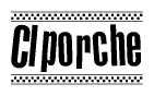 The image contains the text Clporche in a bold, stylized font, with a checkered flag pattern bordering the top and bottom of the text.