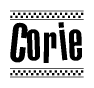 The image is a black and white clipart of the text Corie in a bold, italicized font. The text is bordered by a dotted line on the top and bottom, and there are checkered flags positioned at both ends of the text, usually associated with racing or finishing lines.