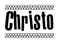 The clipart image displays the text Christo in a bold, stylized font. It is enclosed in a rectangular border with a checkerboard pattern running below and above the text, similar to a finish line in racing. 