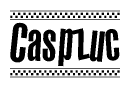 The image is a black and white clipart of the text Caspzuc in a bold, italicized font. The text is bordered by a dotted line on the top and bottom, and there are checkered flags positioned at both ends of the text, usually associated with racing or finishing lines.