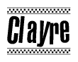 The clipart image displays the text Clayre in a bold, stylized font. It is enclosed in a rectangular border with a checkerboard pattern running below and above the text, similar to a finish line in racing. 