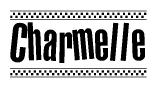 The clipart image displays the text Charmelle in a bold, stylized font. It is enclosed in a rectangular border with a checkerboard pattern running below and above the text, similar to a finish line in racing. 