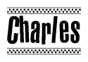 The image contains the text Charles in a bold, stylized font, with a checkered flag pattern bordering the top and bottom of the text.