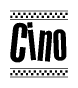 The clipart image displays the text Cino in a bold, stylized font. It is enclosed in a rectangular border with a checkerboard pattern running below and above the text, similar to a finish line in racing. 