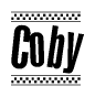 The image is a black and white clipart of the text Coby in a bold, italicized font. The text is bordered by a dotted line on the top and bottom, and there are checkered flags positioned at both ends of the text, usually associated with racing or finishing lines.