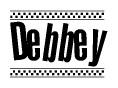 The image contains the text Debbey in a bold, stylized font, with a checkered flag pattern bordering the top and bottom of the text.