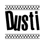 The image contains the text Dusti in a bold, stylized font, with a checkered flag pattern bordering the top and bottom of the text.