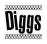 The image is a black and white clipart of the text Diggs in a bold, italicized font. The text is bordered by a dotted line on the top and bottom, and there are checkered flags positioned at both ends of the text, usually associated with racing or finishing lines.