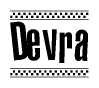 The image contains the text Devra in a bold, stylized font, with a checkered flag pattern bordering the top and bottom of the text.