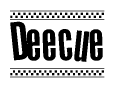 The image is a black and white clipart of the text Deecue in a bold, italicized font. The text is bordered by a dotted line on the top and bottom, and there are checkered flags positioned at both ends of the text, usually associated with racing or finishing lines.