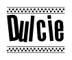 The image contains the text Dulcie in a bold, stylized font, with a checkered flag pattern bordering the top and bottom of the text.