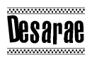 The image contains the text Desarae in a bold, stylized font, with a checkered flag pattern bordering the top and bottom of the text.