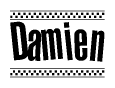 The clipart image displays the text Damien in a bold, stylized font. It is enclosed in a rectangular border with a checkerboard pattern running below and above the text, similar to a finish line in racing. 
