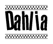 The clipart image displays the text Dahlia in a bold, stylized font. It is enclosed in a rectangular border with a checkerboard pattern running below and above the text, similar to a finish line in racing. 