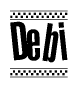 The image is a black and white clipart of the text Debi in a bold, italicized font. The text is bordered by a dotted line on the top and bottom, and there are checkered flags positioned at both ends of the text, usually associated with racing or finishing lines.