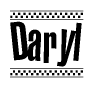 The image is a black and white clipart of the text Daryl in a bold, italicized font. The text is bordered by a dotted line on the top and bottom, and there are checkered flags positioned at both ends of the text, usually associated with racing or finishing lines.