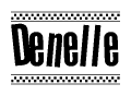 The image contains the text Denelle in a bold, stylized font, with a checkered flag pattern bordering the top and bottom of the text.