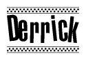 The clipart image displays the text Derrick in a bold, stylized font. It is enclosed in a rectangular border with a checkerboard pattern running below and above the text, similar to a finish line in racing. 