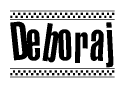 The image is a black and white clipart of the text Deboraj in a bold, italicized font. The text is bordered by a dotted line on the top and bottom, and there are checkered flags positioned at both ends of the text, usually associated with racing or finishing lines.