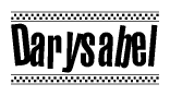 The image is a black and white clipart of the text Darysabel in a bold, italicized font. The text is bordered by a dotted line on the top and bottom, and there are checkered flags positioned at both ends of the text, usually associated with racing or finishing lines.