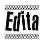 The image is a black and white clipart of the text Edita in a bold, italicized font. The text is bordered by a dotted line on the top and bottom, and there are checkered flags positioned at both ends of the text, usually associated with racing or finishing lines.