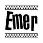 The image contains the text Emer in a bold, stylized font, with a checkered flag pattern bordering the top and bottom of the text.