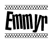 The image contains the text Emmyr in a bold, stylized font, with a checkered flag pattern bordering the top and bottom of the text.