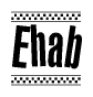 The image is a black and white clipart of the text Ehab in a bold, italicized font. The text is bordered by a dotted line on the top and bottom, and there are checkered flags positioned at both ends of the text, usually associated with racing or finishing lines.