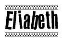 The image is a black and white clipart of the text Eliabeth in a bold, italicized font. The text is bordered by a dotted line on the top and bottom, and there are checkered flags positioned at both ends of the text, usually associated with racing or finishing lines.