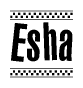 The image is a black and white clipart of the text Esha in a bold, italicized font. The text is bordered by a dotted line on the top and bottom, and there are checkered flags positioned at both ends of the text, usually associated with racing or finishing lines.
