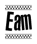The image contains the text Eam in a bold, stylized font, with a checkered flag pattern bordering the top and bottom of the text.