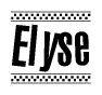 The image contains the text Elyse in a bold, stylized font, with a checkered flag pattern bordering the top and bottom of the text.