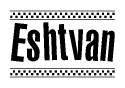 The image contains the text Eshtvan in a bold, stylized font, with a checkered flag pattern bordering the top and bottom of the text.