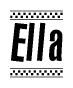The image is a black and white clipart of the text Ella in a bold, italicized font. The text is bordered by a dotted line on the top and bottom, and there are checkered flags positioned at both ends of the text, usually associated with racing or finishing lines.