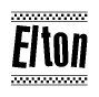 The image contains the text Elton in a bold, stylized font, with a checkered flag pattern bordering the top and bottom of the text.