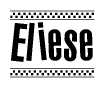 The image is a black and white clipart of the text Eliese in a bold, italicized font. The text is bordered by a dotted line on the top and bottom, and there are checkered flags positioned at both ends of the text, usually associated with racing or finishing lines.