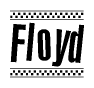 The image is a black and white clipart of the text Floyd in a bold, italicized font. The text is bordered by a dotted line on the top and bottom, and there are checkered flags positioned at both ends of the text, usually associated with racing or finishing lines.
