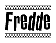 The image contains the text Fredde in a bold, stylized font, with a checkered flag pattern bordering the top and bottom of the text.