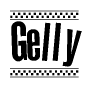 The image contains the text Gelly in a bold, stylized font, with a checkered flag pattern bordering the top and bottom of the text.
