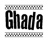 The clipart image displays the text Ghada in a bold, stylized font. It is enclosed in a rectangular border with a checkerboard pattern running below and above the text, similar to a finish line in racing. 