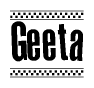 The image contains the text Geeta in a bold, stylized font, with a checkered flag pattern bordering the top and bottom of the text.